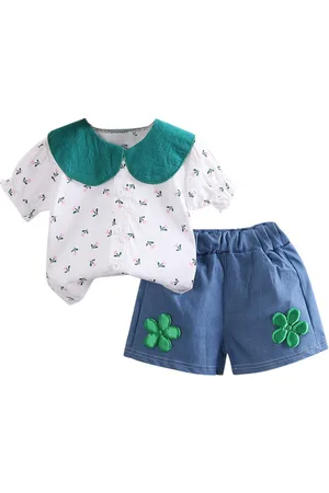 Stylecast Girls White & Blue Printed Peter Pan Collar Top with Shorts