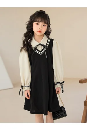 Stylecast Black Girls Colourblocked Puff Sleeve Bow Detailed Cotton Shirt Midi Dress
