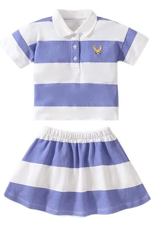 Stylecast Girls Blue Striped Polo Collar Pure Cotton Top with Skirt