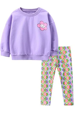 Stylecast Girls Purple Printed Pure Cotton Sweatshirt With Trousers