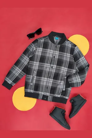 Pantaloons Boys Checked Mock Collar Long Sleeves Cotton Bomber Jacket