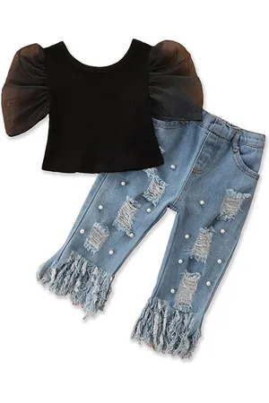 Stylecast Girls Black Ribbed Puff Sleeve Top with Distressed Trousers