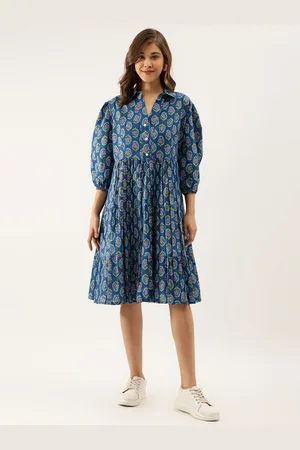 Kalini Floral Printed Puff Sleeves Gathered Cotton Shirt Dress