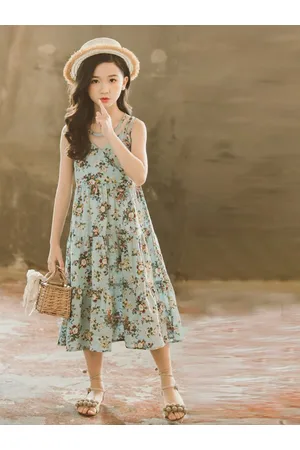 Stylecast Girls Green & Blue Floral Printed A-Line Midi Cotton Dress