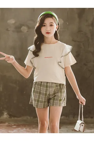 Stylecast Girls Beige Round Neck Pure Cotton Top With Short