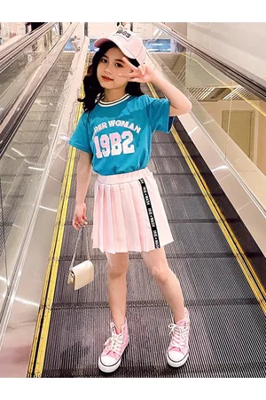 Stylecast Girls Blue Printed Pure Cotton T-shirt With Skirt