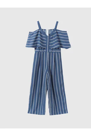 Stylecast Girls Blue Striped Cold-Shoulder Cotton Jumpsuit