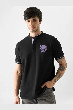 The Souled Store Men Black Black Panther Printed Mandarin Collar T-shirt