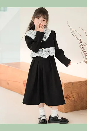 Stylecast Girls Black Lace Insert Pure Cotton Top with Skirt