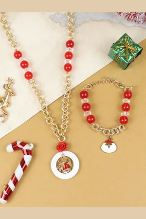 asthetika Girls Gold-Plated Beaded Santa Claus Christmas Bells Jewellery Set
