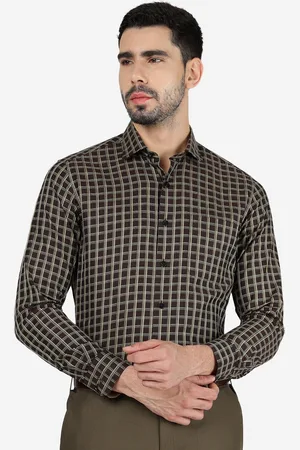 Metal Slim Fit Checked Spread Collar Long Sleeve Pocket Cotton Shirt