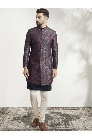 KISAH Men Self Design Mandarin Collar Indowestern Sherwani Churidar Seet