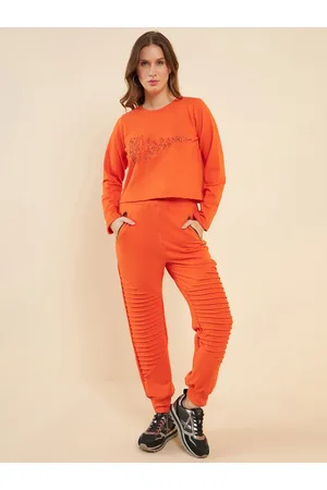 Antheaa Orange Embellished Crop Top With Pintuck Detailed Joggers