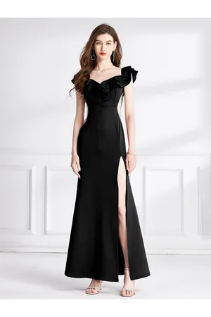 JC Collection V-Neck Side Slit Ruffled Off Shoulder A-Line Dress