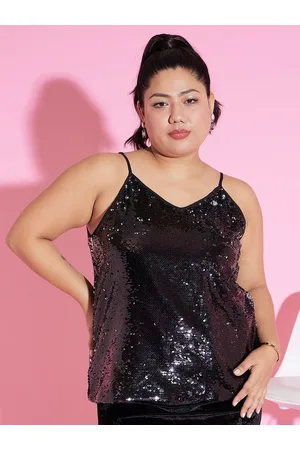 Berrylush Plus Size Black Embellished Sequinned Regular Top