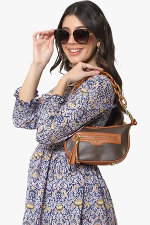 Carlton London Tan Colourblocked Structured Handheld Bag with Tasselled