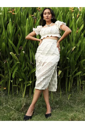 Campus White Self Design Square Neck Crop Top With Skirt