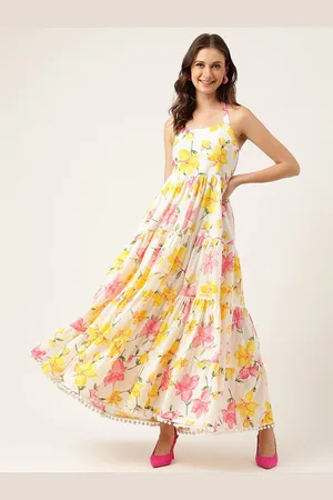 Kalini Tie and Dye Printed Halter Neck Gathered Tiered Cotton Maxi Dress