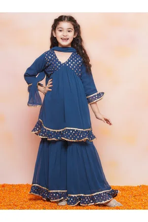 AJ DEZINES Girls Ethnic Motif Printed Gotta Patti Empire Kurta With Sharara