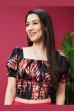 Globus Tropical Printed Square Neck Puff Sleeves Smocked Crop Blouson Top