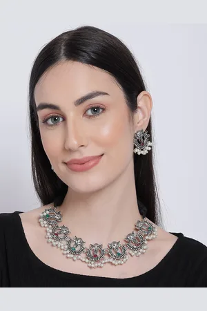 Anouk White & Red Silver-Plated Choker Necklace With Drop Earrings