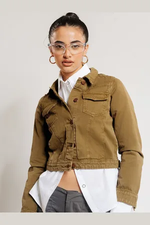 FREAKINS Spread Collar Crop Cotton Denim Jacket