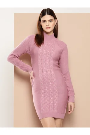 Chemistry High Neck Pearl Embellished Raglan Sleeves Cable Knit Acrylic Jumper Dress