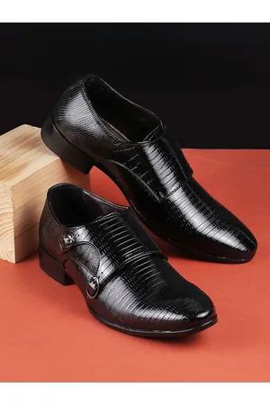 Metro Men Textured Leather Formal Monk Shoes With Buckle Detail