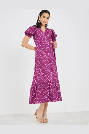 Styli Purple Floral Printed Puff Sleeves V-Neck Tie-Up Detail Midi Wrap Dress