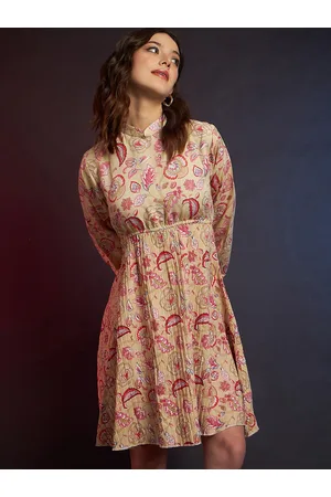 DressBerry Beige Floral Printed Puff Sleeves Accordion Pleated Fit & Flare Dress