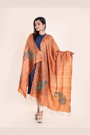 ArtEastri Paisley Embroidered Kantha Work Pure Silk Dupatta With Fringed