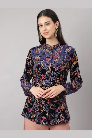 Kalini Floral Printed Mandarin Collar Long Sleeves Velvet Shirt Style Top