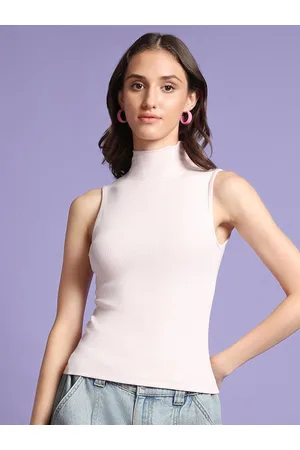 Bewakoof Pink High Neck Ribbed Cotton Fitted Top