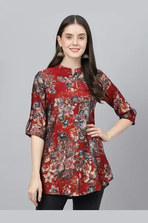 Kalini Floral Printed Roll-Up Sleeves Shirt Style Longline Top
