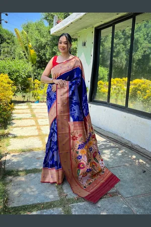 Mitera Blue Ethnic Motif Woven Design Zari Paithani Saree