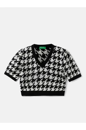 Benetton Girls Geometric Printed Acrylic Crop Pullover Sweater