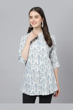 Kalini Abstract Printed Mandarin Collar Roll-Up Sleeves Longline Shirt Style Top
