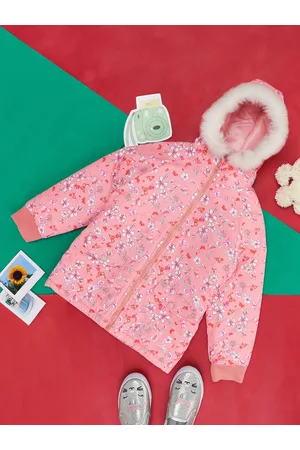 Pantaloons Girls Floral Printed Woven Fur Longline Padded Jacket