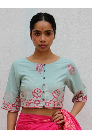 Chidiyaa Ethnic Motifs Handblock Printed Cotton Round Neck Saree Blouse