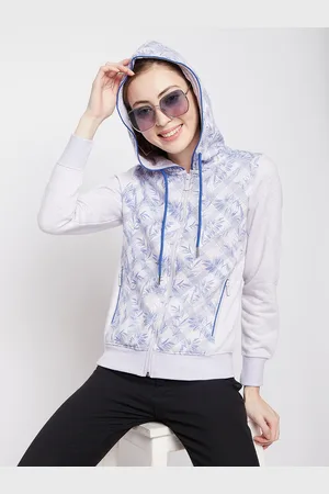 Crimsoune Club Women Blue Printed Hooded Sweatshirt