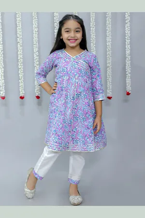 Ka-mee Girls Floral Printed Gotta Patti Angrakha Pure Cotton Kurti With Trousers