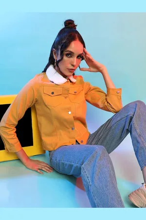 Campus Yellow Windcheater Faux Fur Trim Cotton Crop Tailored Jacket