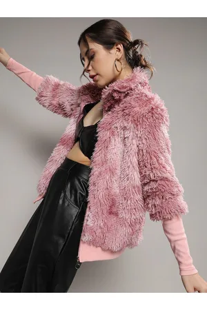 Campus Pink Mock Collar Windcheater Faux Fur Tailored Jacket