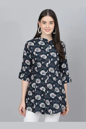 Kalini Floral Printed Mandarin Collar Roll-Up Sleeves Longline Shirt Style Top