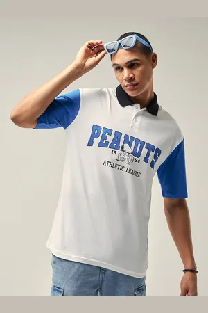 Bewakoof White Peanuts Typography Printed Polo Collar Oversized Cotton T-shirt