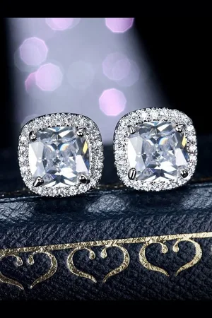 Designs & You Silver Plated American Diamond Studded Square Studs Earrings
