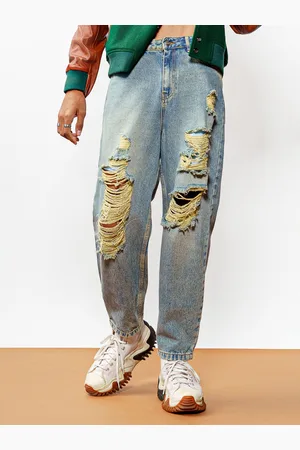 FREAKINS Men Blue Slouchy Fit High-Rise Highly Distressed Heavy Fade Pure Cotton Jeans