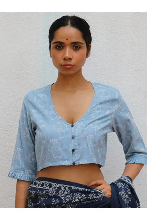 Chidiyaa Conversational Handblock Printed Cotton Saree Blouse