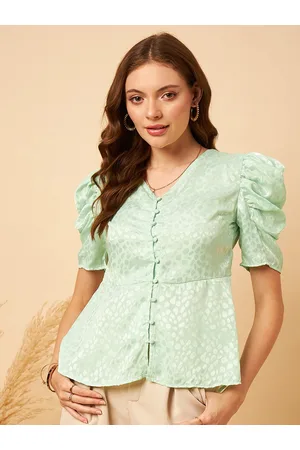 MINT STREET Abstract Woven Design Puff Sleeve V-Neck Jacquard Satin Peplum Top