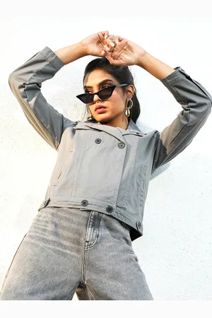 Campus Grey Lapel Collar Long Sleeves Windcheater Denim Jacket